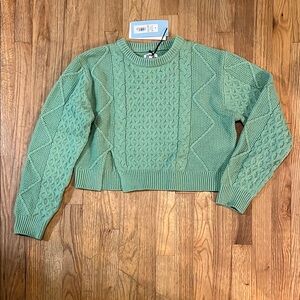 NWT Mint Green Crew Neck Cropped Cable Knit Sweater